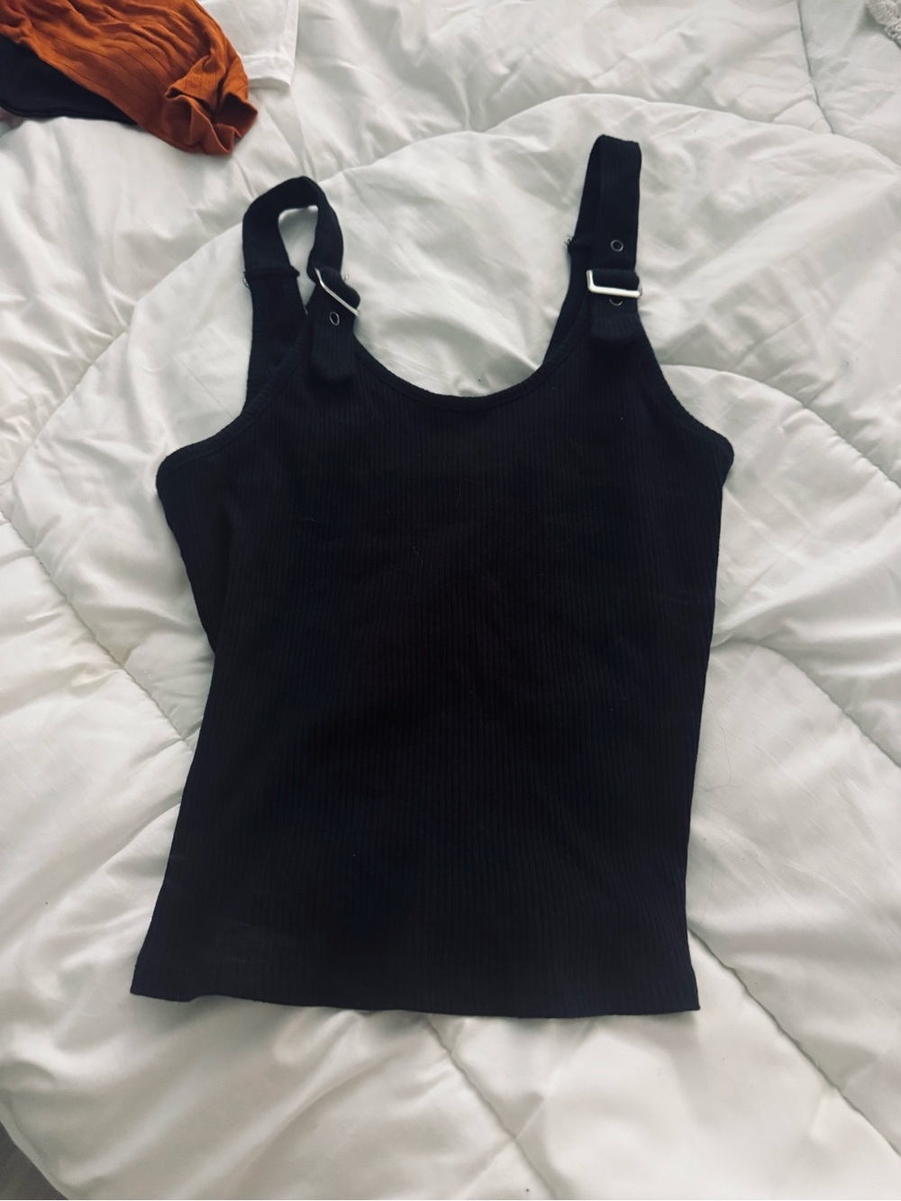 Black Ribbed Tank Top with Adjustable Buckle Straps